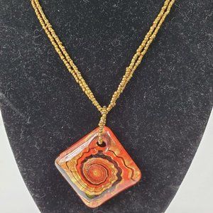 Vintage Blown Glass Red and Copper Swirl Art Pendant on 2 Stranded Copper Beaded